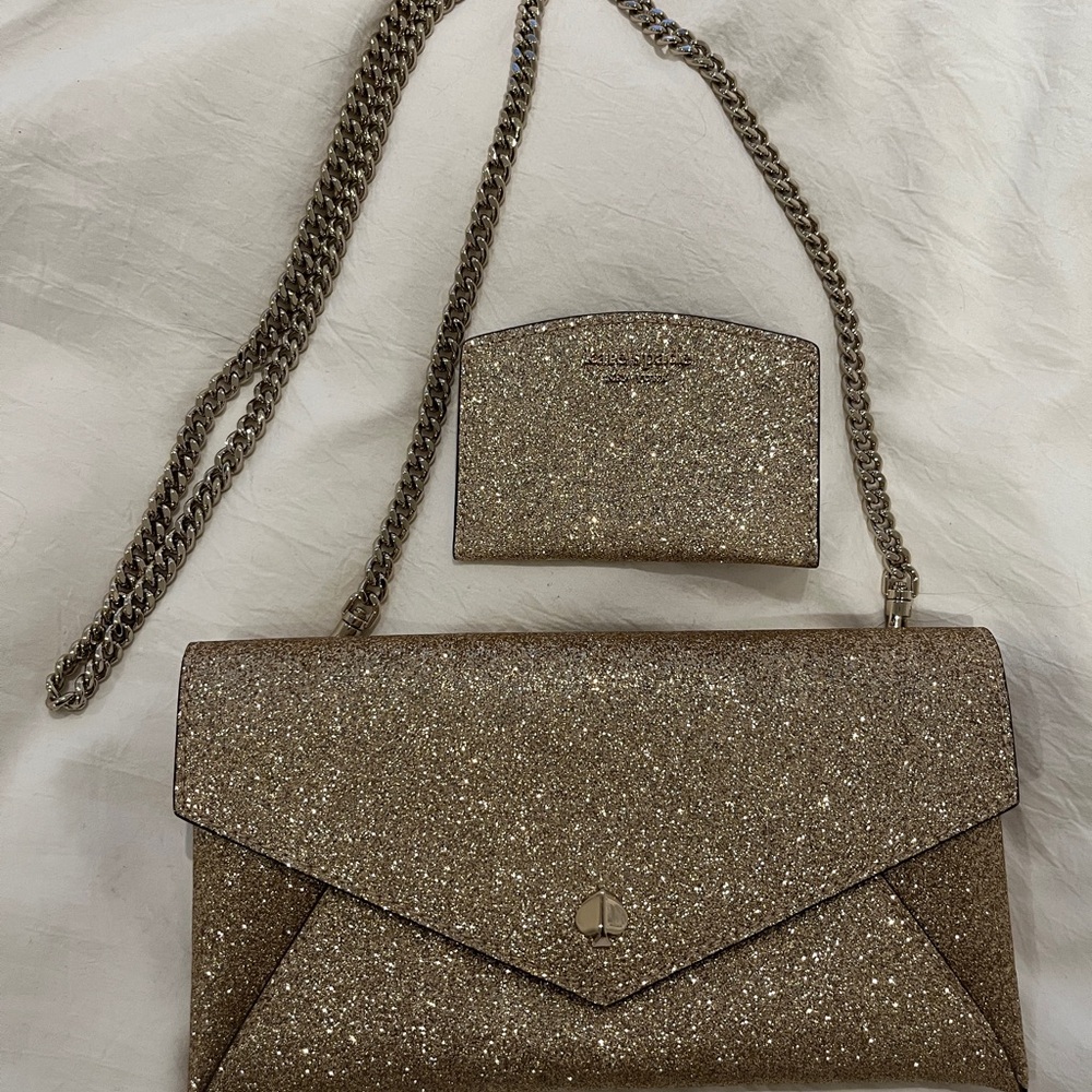 Kate Spade Gold Glitter Clutch, Wristlet and Cardholder Set